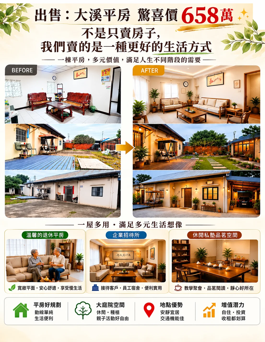 驚喜低總價！大溪古早味三合院景觀休閒平房~超大使用坪數